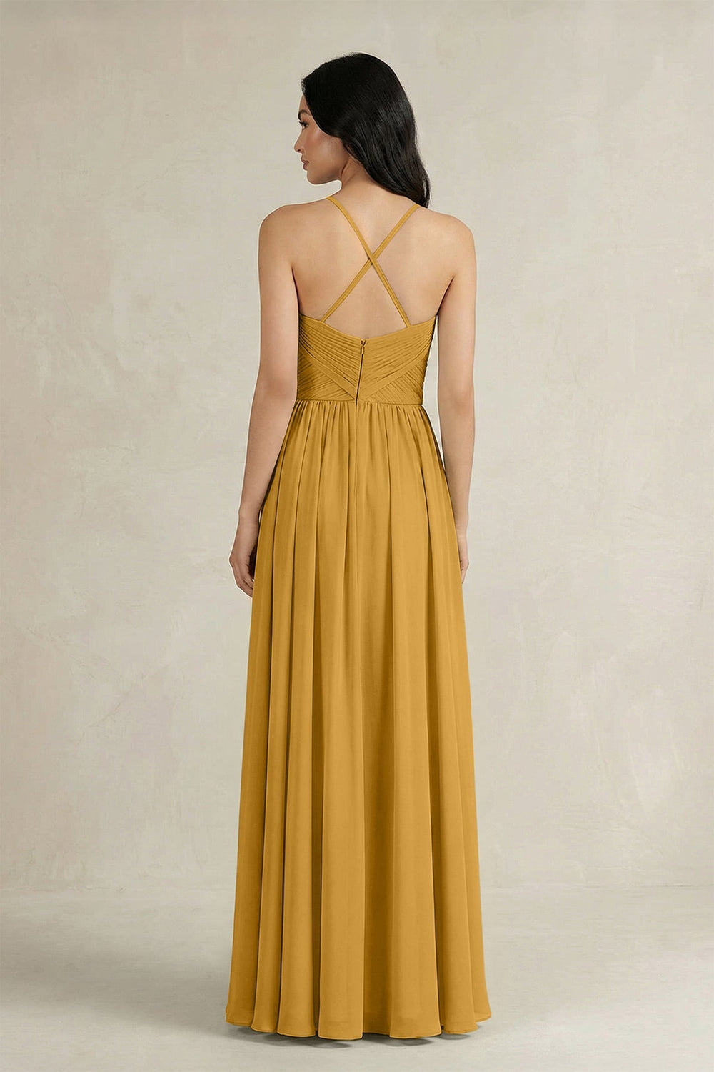 A - Line Pleated Spaghetti Strap Chiffon Bridesmaid Dress in Marigold - SHE IS ME Bridesmaid Dresses