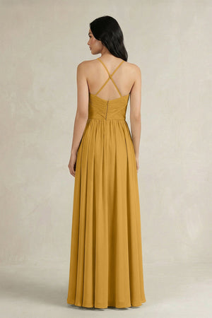 A - Line Pleated Spaghetti Strap Chiffon Bridesmaid Dress in Marigold - SHE IS ME Bridesmaid Dresses