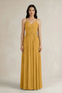 A - Line Pleated Spaghetti Strap Chiffon Bridesmaid Dress in Marigold - SHE IS ME Bridesmaid Dresses