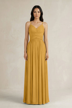 A - Line Pleated Spaghetti Strap Chiffon Bridesmaid Dress in Marigold - SHE IS ME Bridesmaid Dresses