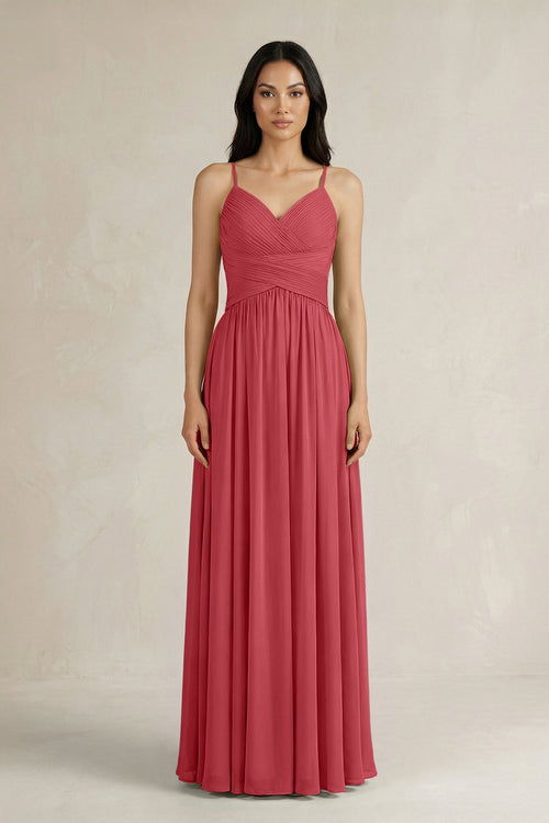 A - Line Pleated Spaghetti Strap Chiffon Bridesmaid Dress in Merlot - SHE IS ME Bridesmaid Dresses