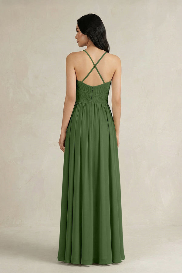 A - Line Pleated Spaghetti Strap Chiffon Bridesmaid Dress in Moss - SHE IS ME Bridesmaid Dresses