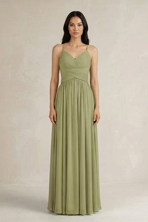 A - Line Pleated Spaghetti Strap Chiffon Bridesmaid Dress in Moss Green - SHE IS ME Bridesmaid Dresses