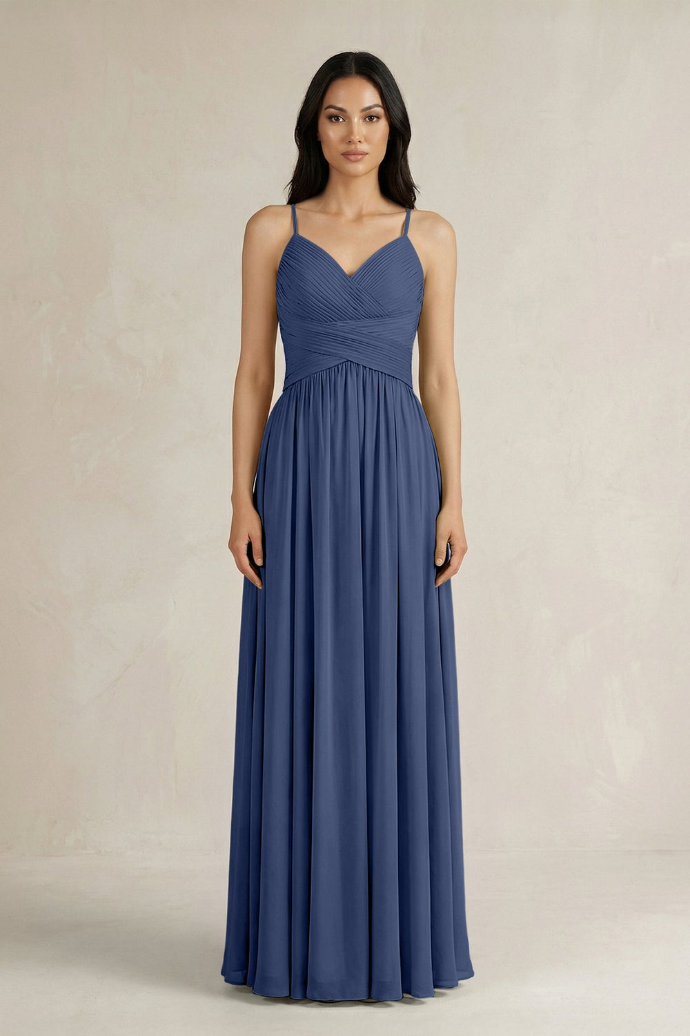 A - Line Pleated Spaghetti Strap Chiffon Bridesmaid Dress in Navy - SHE IS ME Bridesmaid Dresses