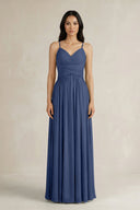 A - Line Pleated Spaghetti Strap Chiffon Bridesmaid Dress in Navy - SHE IS ME Bridesmaid Dresses