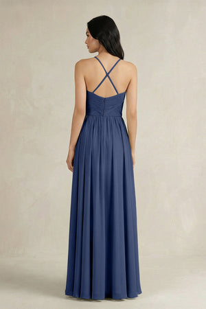 A - Line Pleated Spaghetti Strap Chiffon Bridesmaid Dress in Navy - SHE IS ME Bridesmaid Dresses