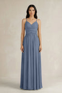 A - Line Pleated Spaghetti Strap Chiffon Bridesmaid Dress in Neptune - SHE IS ME Bridesmaid Dresses