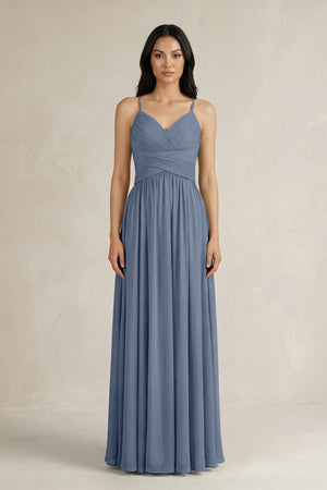 A - Line Pleated Spaghetti Strap Chiffon Bridesmaid Dress in Neptune - SHE IS ME Bridesmaid Dresses
