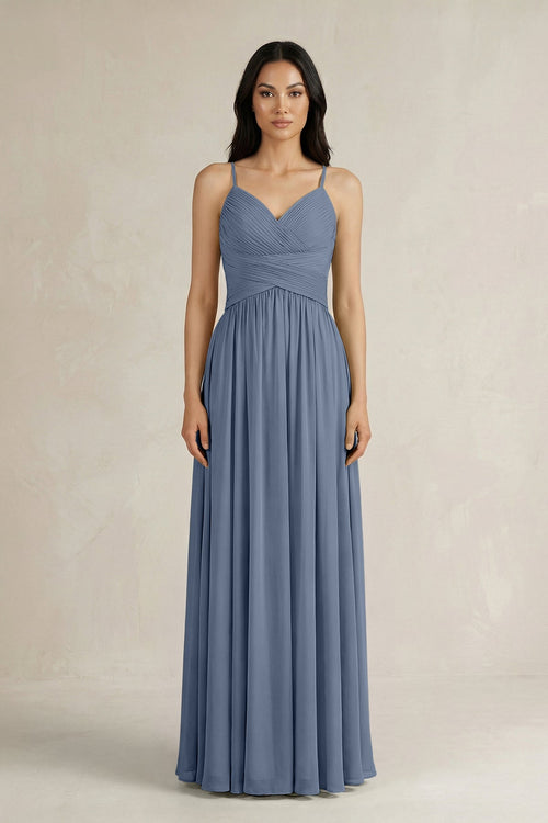 A - Line Pleated Spaghetti Strap Chiffon Bridesmaid Dress in Neptune - SHE IS ME Bridesmaid Dresses