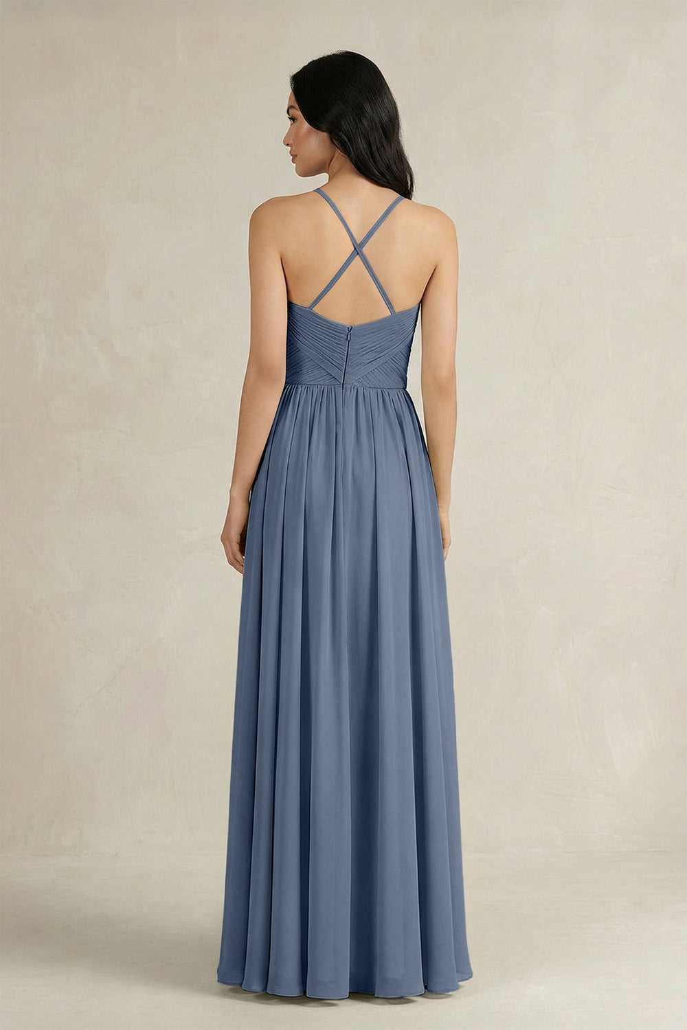 A - Line Pleated Spaghetti Strap Chiffon Bridesmaid Dress in Neptune - SHE IS ME Bridesmaid Dresses