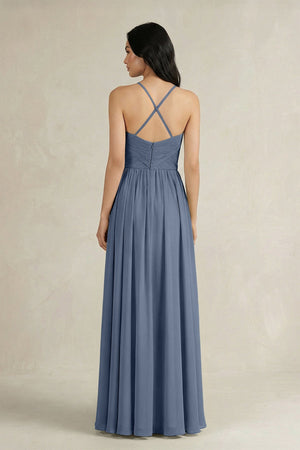 A - Line Pleated Spaghetti Strap Chiffon Bridesmaid Dress in Neptune - SHE IS ME Bridesmaid Dresses