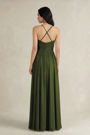 A - Line Pleated Spaghetti Strap Chiffon Bridesmaid Dress in Olive - SHE IS ME Bridesmaid Dresses