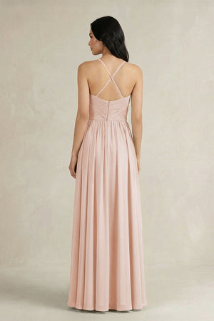A - Line Pleated Spaghetti Strap Chiffon Bridesmaid Dress in Pale Blush - SHE IS ME Bridesmaid Dresses