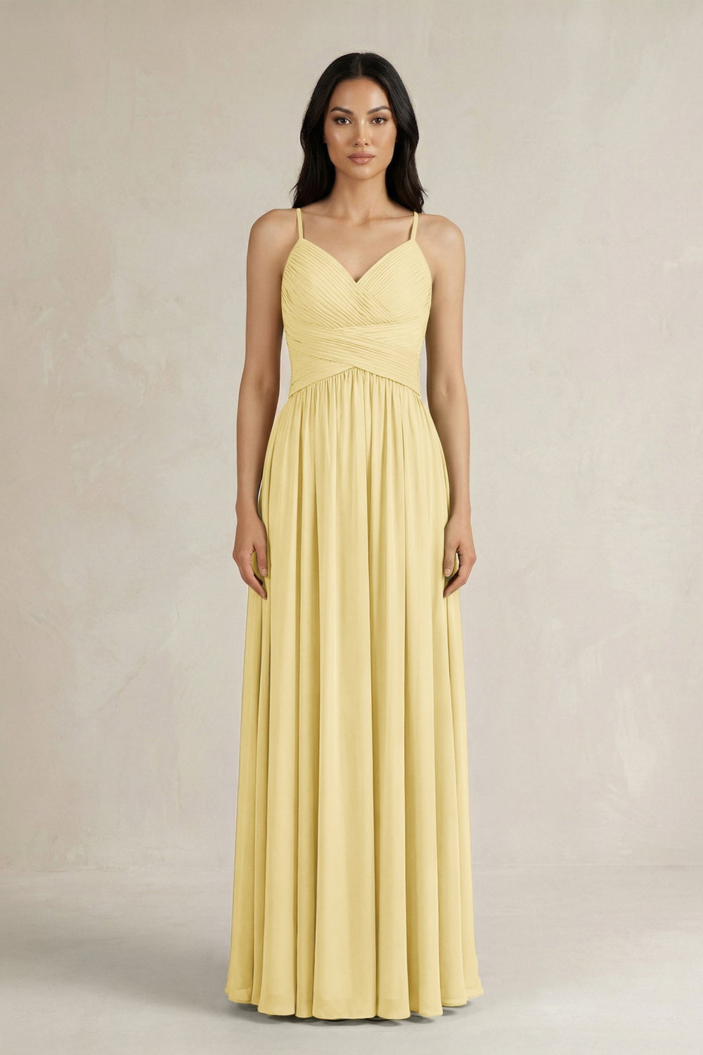 A - Line Pleated Spaghetti Strap Chiffon Bridesmaid Dress in Pastel Yellow - SHE IS ME Bridesmaid Dresses