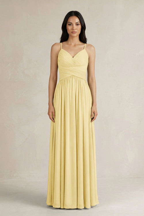A - Line Pleated Spaghetti Strap Chiffon Bridesmaid Dress in Pastel Yellow - SHE IS ME Bridesmaid Dresses