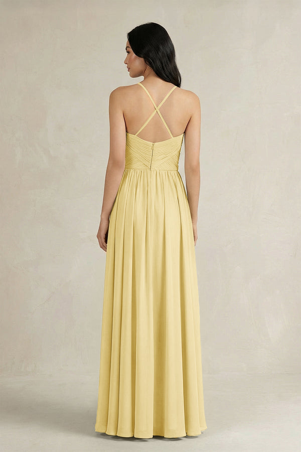 A - Line Pleated Spaghetti Strap Chiffon Bridesmaid Dress in Pastel Yellow - SHE IS ME Bridesmaid Dresses