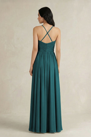 A - Line Pleated Spaghetti Strap Chiffon Bridesmaid Dress in Pine - SHE IS ME Bridesmaid Dresses