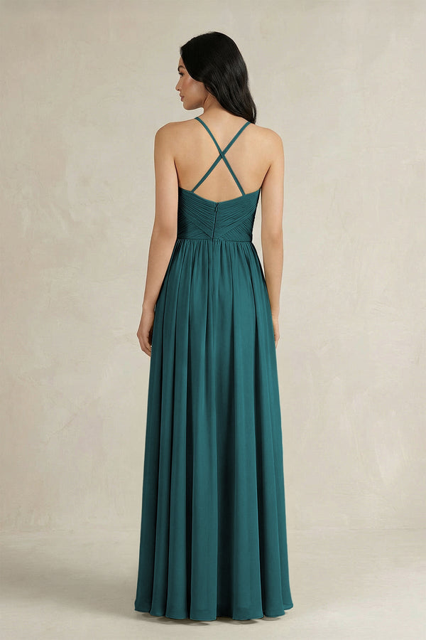 A - Line Pleated Spaghetti Strap Chiffon Bridesmaid Dress in Pine - SHE IS ME Bridesmaid Dresses