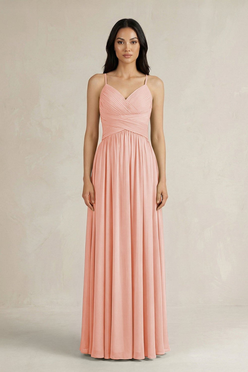 A - Line Pleated Spaghetti Strap Chiffon Bridesmaid Dress in Rose Petal - SHE IS ME Bridesmaid Dresses