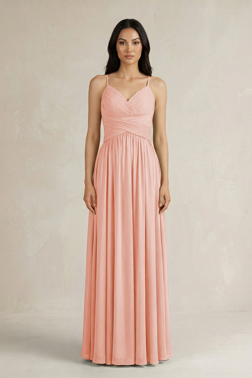 A - Line Pleated Spaghetti Strap Chiffon Bridesmaid Dress in Rose Petal - SHE IS ME Bridesmaid Dresses
