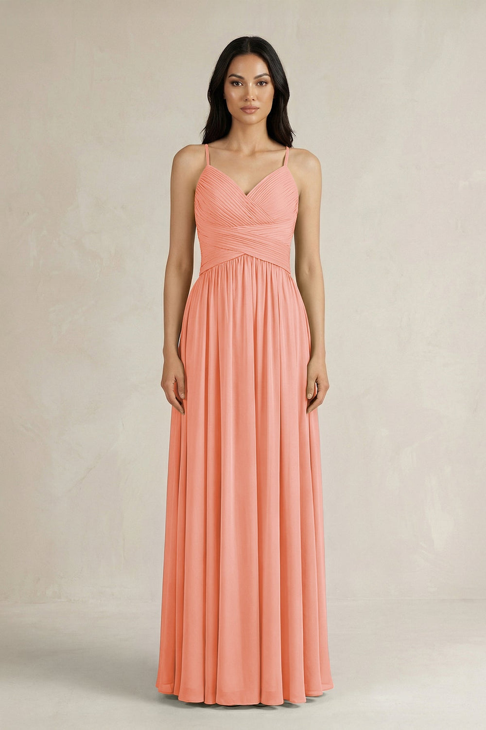 A - Line Pleated Spaghetti Strap Chiffon Bridesmaid Dress in Rosette - SHE IS ME Bridesmaid Dresses