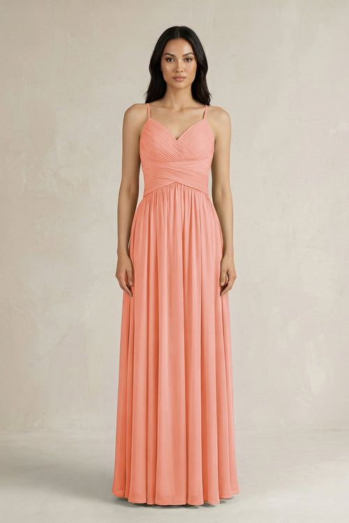 A - Line Pleated Spaghetti Strap Chiffon Bridesmaid Dress in Rosette - SHE IS ME Bridesmaid Dresses
