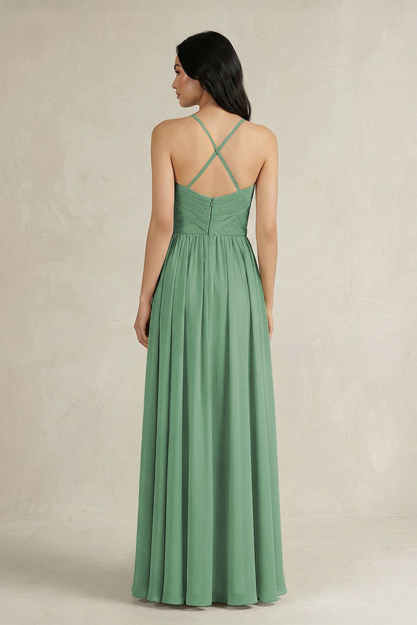 A - Line Pleated Spaghetti Strap Chiffon Bridesmaid Dress in Sea Glass - SHE IS ME Bridesmaid Dresses