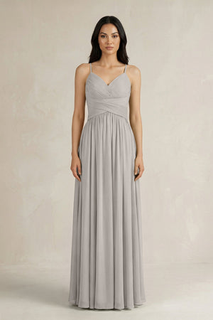 A - Line Pleated Spaghetti Strap Chiffon Bridesmaid Dress in Silver - SHE IS ME Bridesmaid Dresses