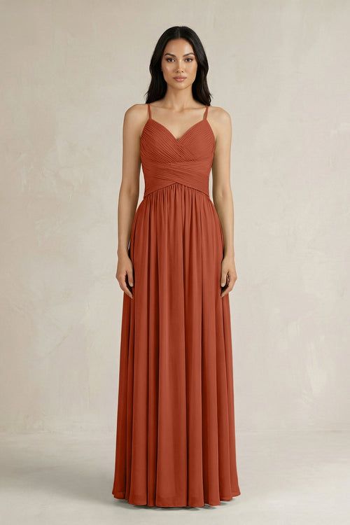 A - Line Pleated Spaghetti Strap Chiffon Bridesmaid Dress in Spice - SHE IS ME Bridesmaid Dresses