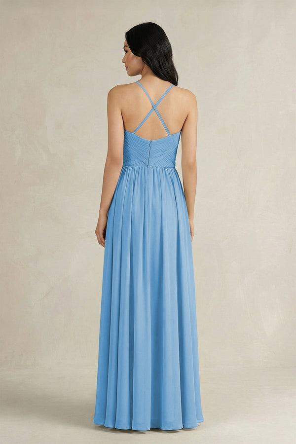 A - Line Pleated Spaghetti Strap Chiffon Bridesmaid Dress in Steel Blue - SHE IS ME Bridesmaid Dresses