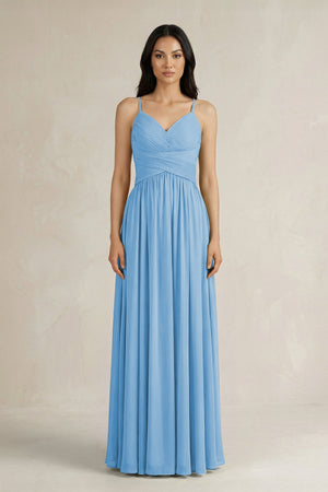 A - Line Pleated Spaghetti Strap Chiffon Bridesmaid Dress in Steel Blue - SHE IS ME Bridesmaid Dresses