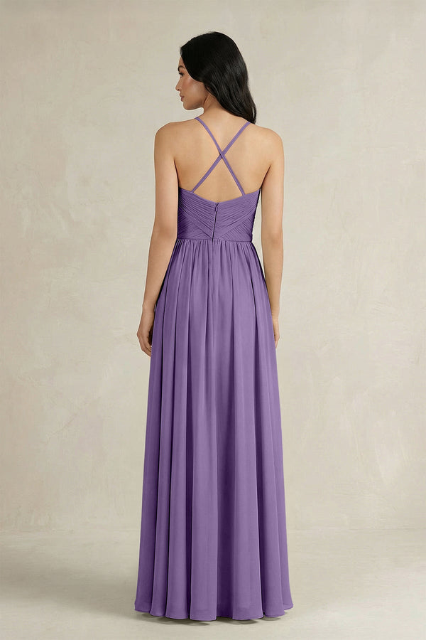 A - Line Pleated Spaghetti Strap Chiffon Bridesmaid Dress in Tahiti - SHE IS ME Bridesmaid Dresses