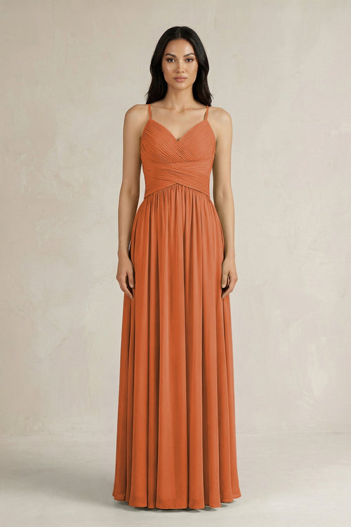 A - Line Pleated Spaghetti Strap Chiffon Bridesmaid Dress in Terracotta - SHE IS ME Bridesmaid Dresses