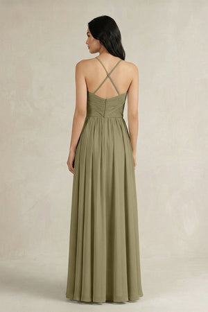 A - Line Pleated Spaghetti Strap Chiffon Bridesmaid Dress in Thyme - SHE IS ME Bridesmaid Dresses