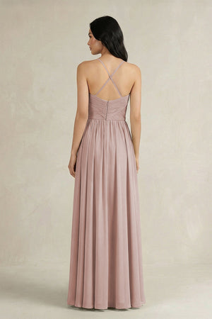 A - Line Pleated Spaghetti Strap Chiffon Bridesmaid Dress in Toffee - SHE IS ME Bridesmaid Dresses