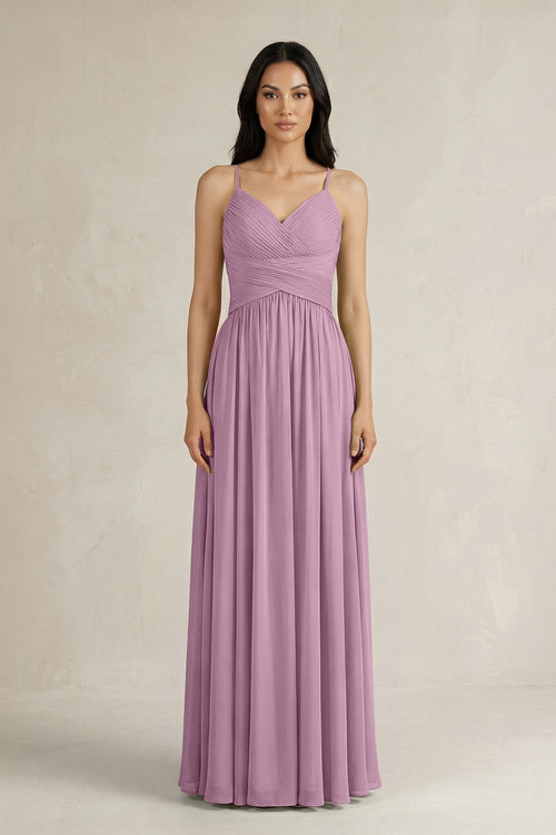 A - Line Pleated Spaghetti Strap Chiffon Bridesmaid Dress in Wisteria - SHE IS ME Bridesmaid Dresses