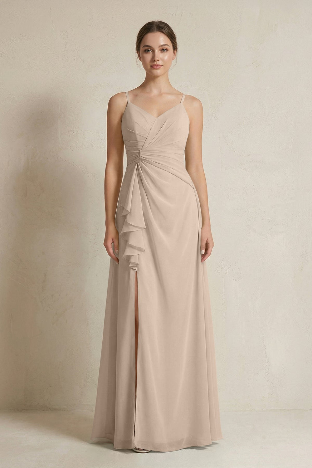 A - Line Ruffled Spaghetti Strap Chiffon Bridesmaid Dress in Almond - SHE IS ME Bridesmaid Dresses