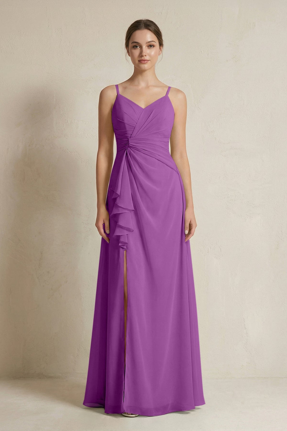 A - Line Ruffled Spaghetti Strap Chiffon Bridesmaid Dress in Amethyst - SHE IS ME Bridesmaid Dresses