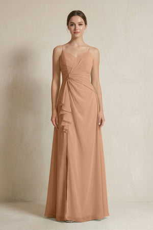 A - Line Ruffled Spaghetti Strap Chiffon Bridesmaid Dress in Bronzer - SHE IS ME Bridesmaid Dresses