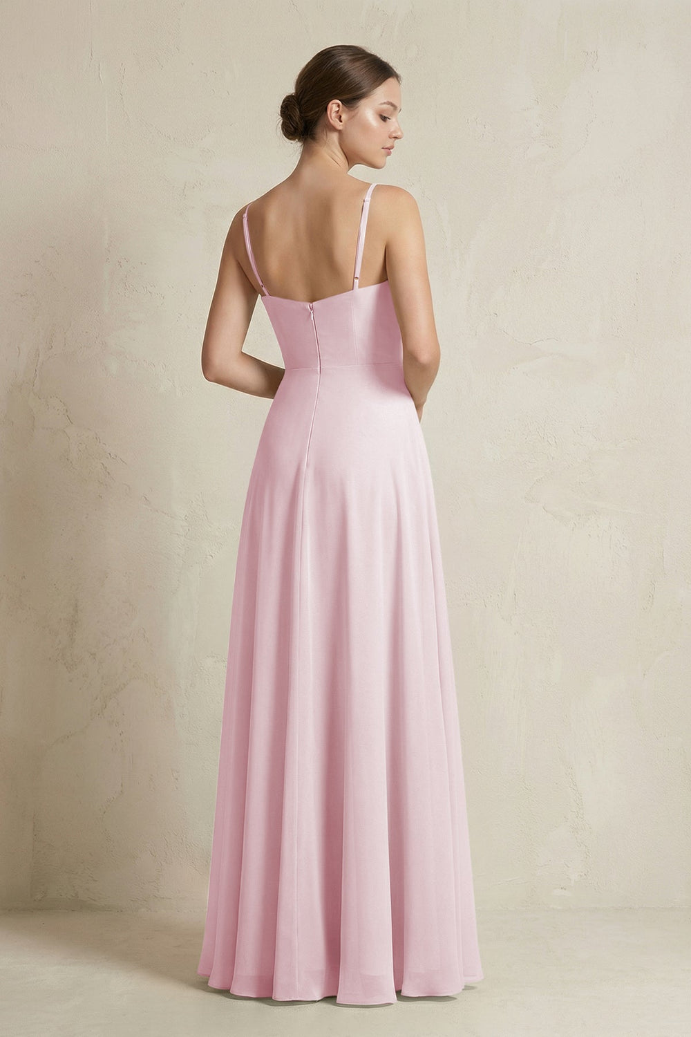 A - Line Ruffled Spaghetti Strap Chiffon Bridesmaid Dress in Candy Pink - SHE IS ME Bridesmaid Dresses