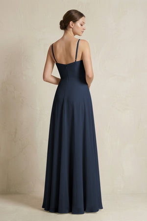 A - Line Ruffled Spaghetti Strap Chiffon Bridesmaid Dress in Dark Navy - SHE IS ME Bridesmaid Dresses