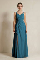 A - Line Ruffled Spaghetti Strap Chiffon Bridesmaid Dress in Dark Teal - SHE IS ME Bridesmaid Dresses