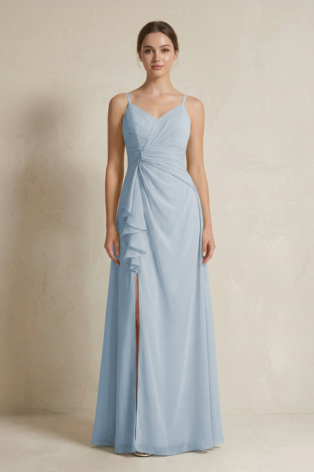 A - Line Ruffled Spaghetti Strap Chiffon Bridesmaid Dress in Dusty Blue - SHE IS ME Bridesmaid Dresses