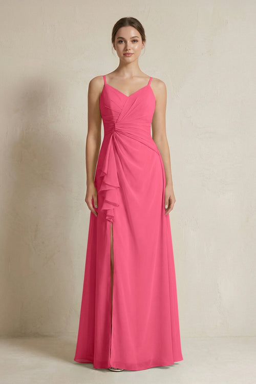 A - Line Ruffled Spaghetti Strap Chiffon Bridesmaid Dress in Fuchsia - SHE IS ME Bridesmaid Dresses