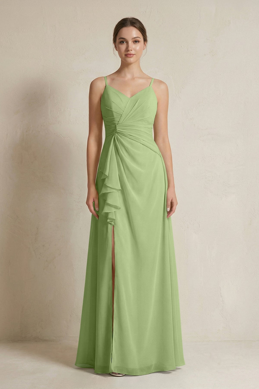 A - Line Ruffled Spaghetti Strap Chiffon Bridesmaid Dress in Matcha - SHE IS ME Bridesmaid Dresses