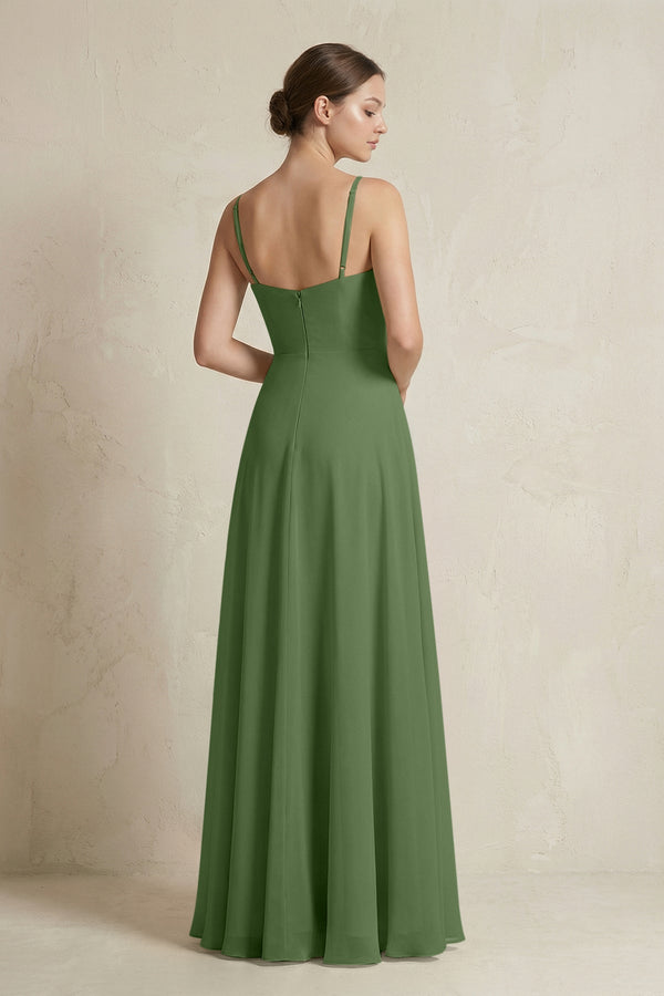 A - Line Ruffled Spaghetti Strap Chiffon Bridesmaid Dress in Moss - SHE IS ME Bridesmaid Dresses