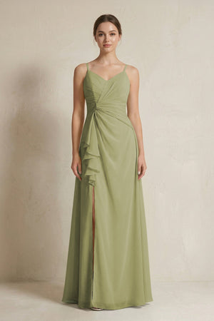 A - Line Ruffled Spaghetti Strap Chiffon Bridesmaid Dress in Moss Green - SHE IS ME Bridesmaid Dresses