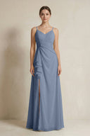 A - Line Ruffled Spaghetti Strap Chiffon Bridesmaid Dress in Neptune - SHE IS ME Bridesmaid Dresses