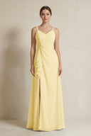 A - Line Ruffled Spaghetti Strap Chiffon Bridesmaid Dress in Pastel Yellow - SHE IS ME Bridesmaid Dresses