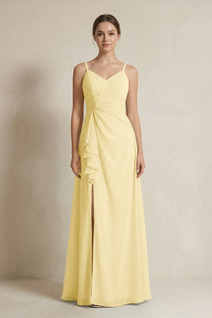 A - Line Ruffled Spaghetti Strap Chiffon Bridesmaid Dress in Pastel Yellow - SHE IS ME Bridesmaid Dresses